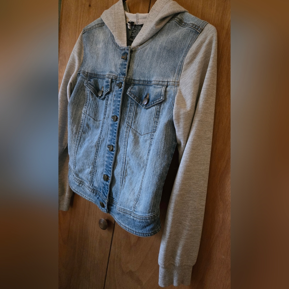 Denim and Gray Hooded Denim Jacket - Picture 3 of 5